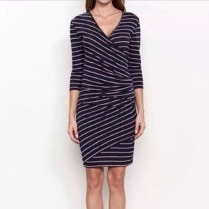 Anthropologie Sundry Navy Striped V-Neck Faux Wrap 3/4 sleeve Dress